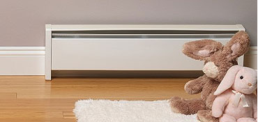 A white baseboard heater, expertly installed by Pre-eminent Electrical Service Alamance County, NC, sits along a light-colored wall on a hardwood floor, next to a white rug and two plush stuffed animals—a bunny and a smaller animal.