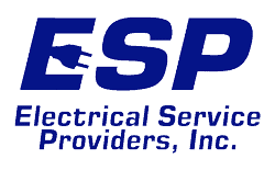 Logo for Electrical Service Providers, Inc., a pre-eminent electrical service company in Alamance County, NC, featuring large blue "ESP" letters with a power plug in the "E," and the company name below in blue text.