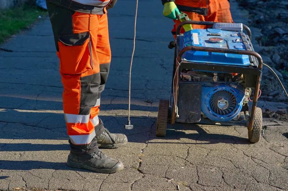 Two workers in orange safety gear operate a portable generator on a cracked outdoor pavement during daylight. Only their lower bodies are visible.