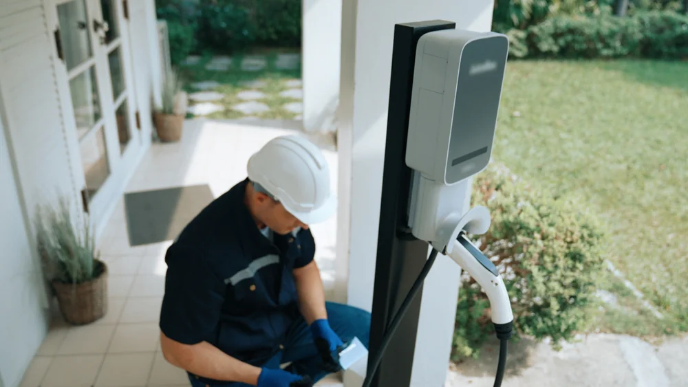 A worker in a hard hat squats beside an electric vehicle charging station mounted on a post outdoors, handling equipment, with a green lawn and house entrance in the background.