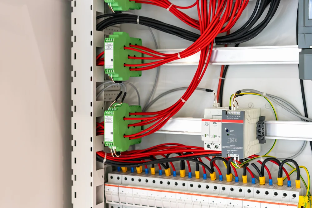 Close-up of an electrical control panel with neatly organized red, black, and yellow wires connected to green terminals, circuit breakers, and various electrical components.