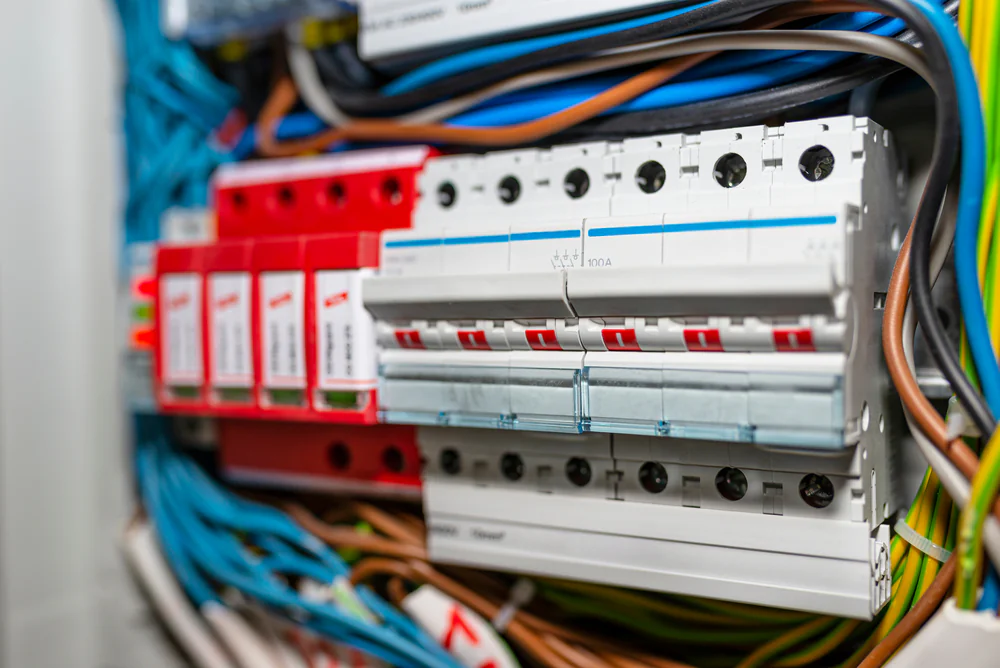 Close-up of an electrical panel with circuit breakers, various colored wires, and labeled switches, showing the organized wiring and connections for distributing electricity.