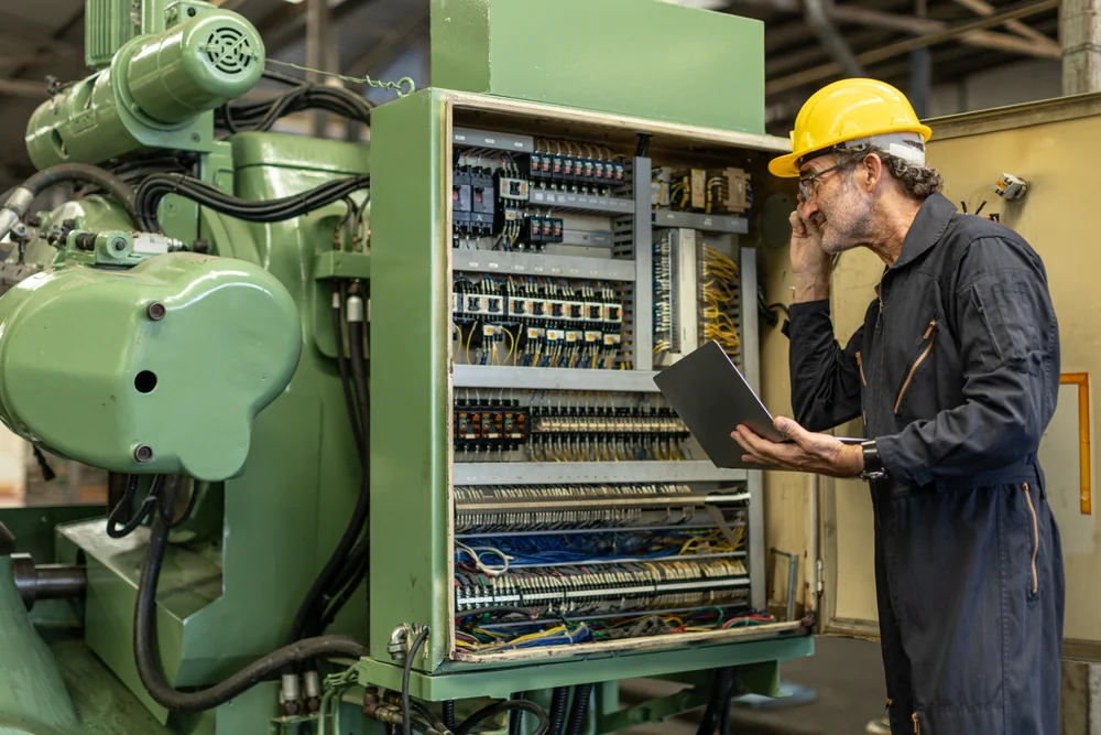 An engineer wearing a yellow hard hat and jumpsuit inspects an open industrial control panel, representing the pre-eminent electrical service in Alamance County, NC, while analyzing the system with a tablet.