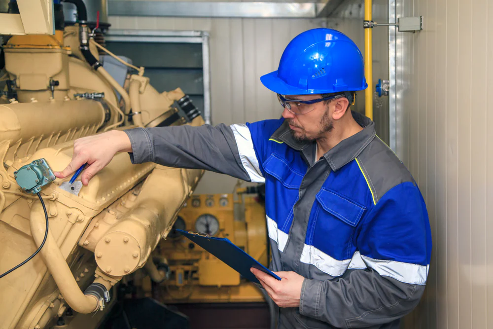 A male engineer wearing a blue hard hat and safety glasses inspects industrial machinery inside a facility, holding a clipboard and adjusting a gauge on the yellow equipment.