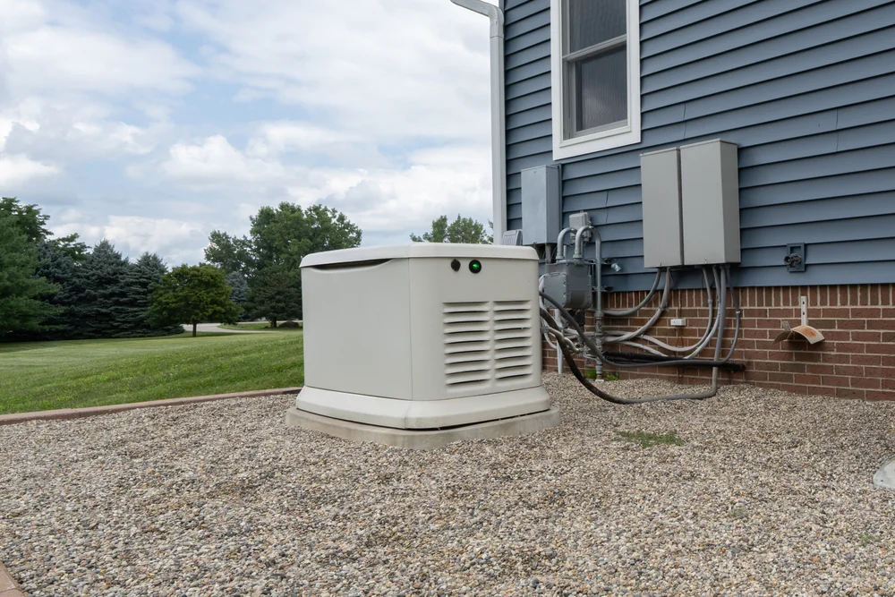 A standby generator sits on a gravel pad beside a blue house with brick trim, connected to electrical panels on the exterior wall. Green lawn and trees are visible in the background under a partly cloudy sky.