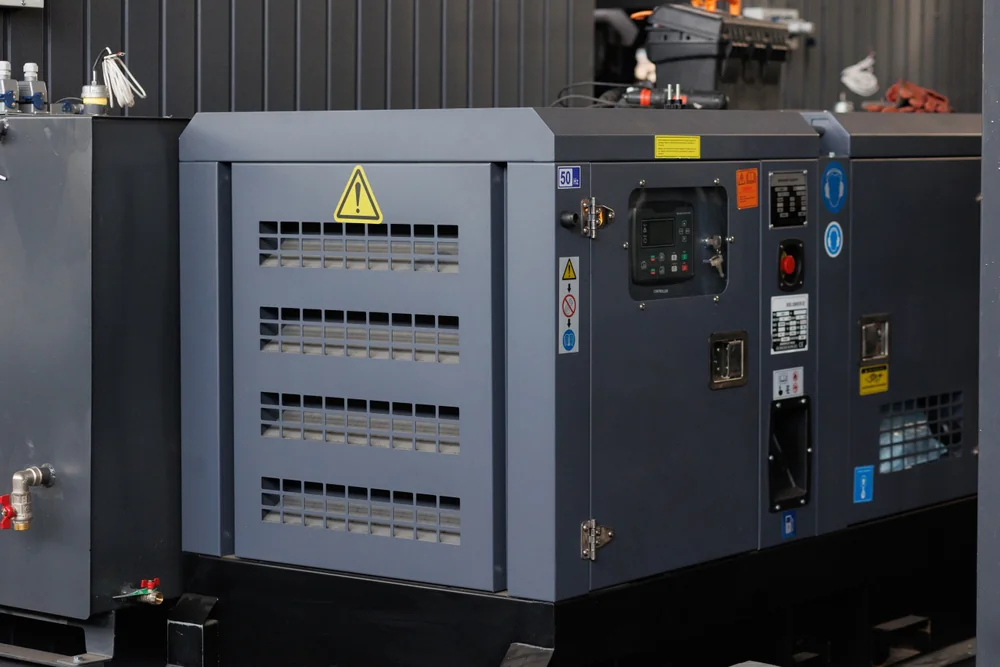 A large industrial generator with a control panel and warning labels sits indoors against a dark metal wall. The generator has vented panels and various switches, buttons, and indicator lights.