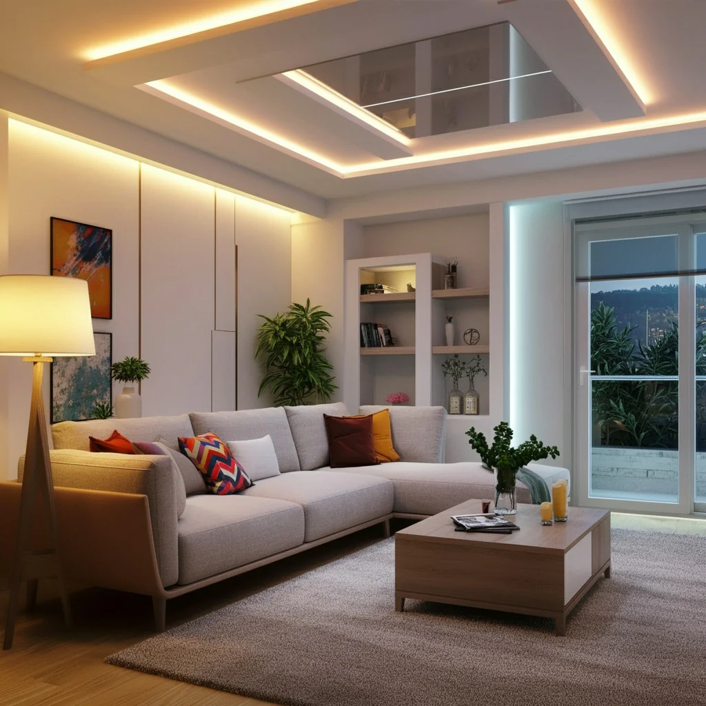 A modern living room with a gray sectional sofa, colorful cushions, and a wooden coffee table. Soft lighting highlights wall art, plants, built-in shelves, and large windows leading to a balcony with outdoor greenery.