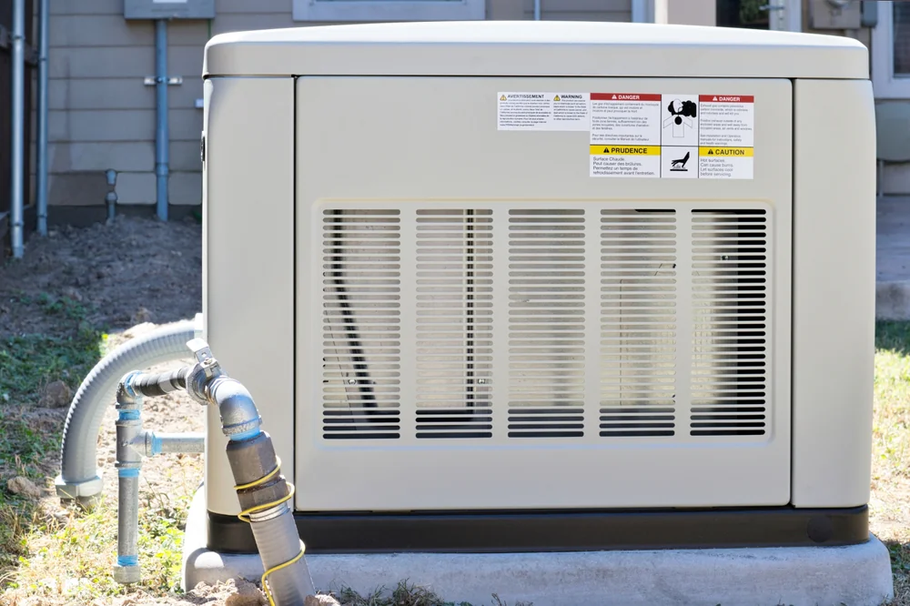 A large, outdoor standby generator sits on a concrete pad near a house, with ventilation grilles and warning labels on its front panel and pipes connected to its side.