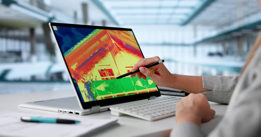 A person uses a stylus to analyze a thermal image of a house displayed on a laptop screen, in a modern office setting with bright natural light.