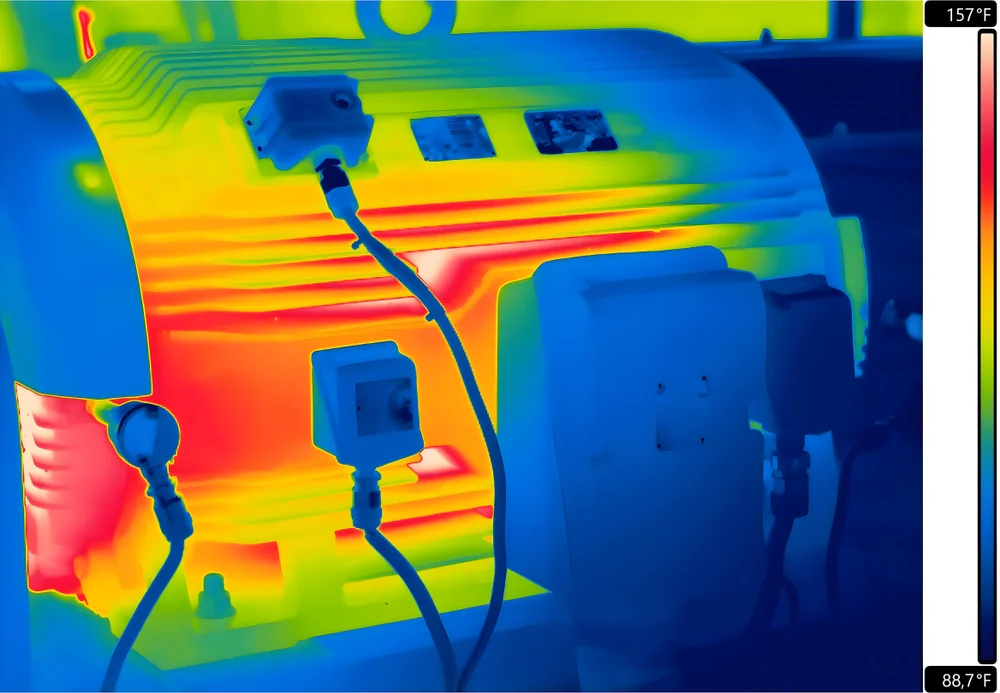 Thermal image of industrial equipment showing hot areas in red and yellow, cooler areas in blue. Temperature scale on the right ranges from 88.7°F to 157°F. Cables and devices are connected to the equipment.