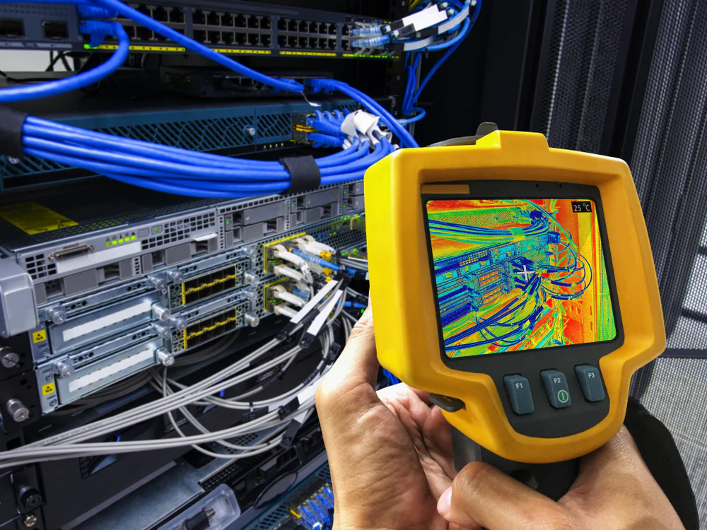 A person uses a handheld thermal imaging device to check heat levels on servers and cables in a data center; the screen shows a colorful thermal map highlighting hot and cool areas.