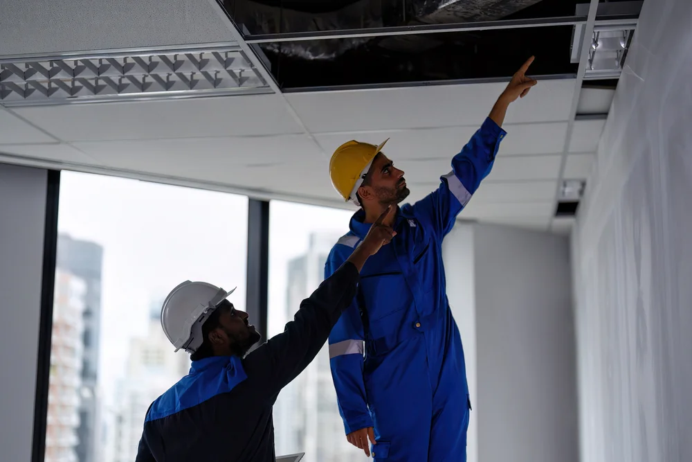 Two workers in hard hats and blue coveralls stand indoors, pointing up at an open ceiling panel, appearing to inspect or discuss something above in a modern office space.