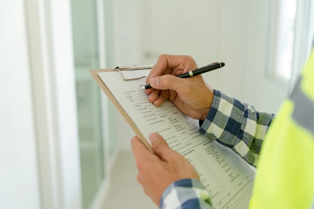 A person wearing a plaid shirt and safety vest is holding a clipboard and filling out an inspection form with a pen inside the bright, modern offices of the pre-eminent Electrical Service in Alamance County, NC.