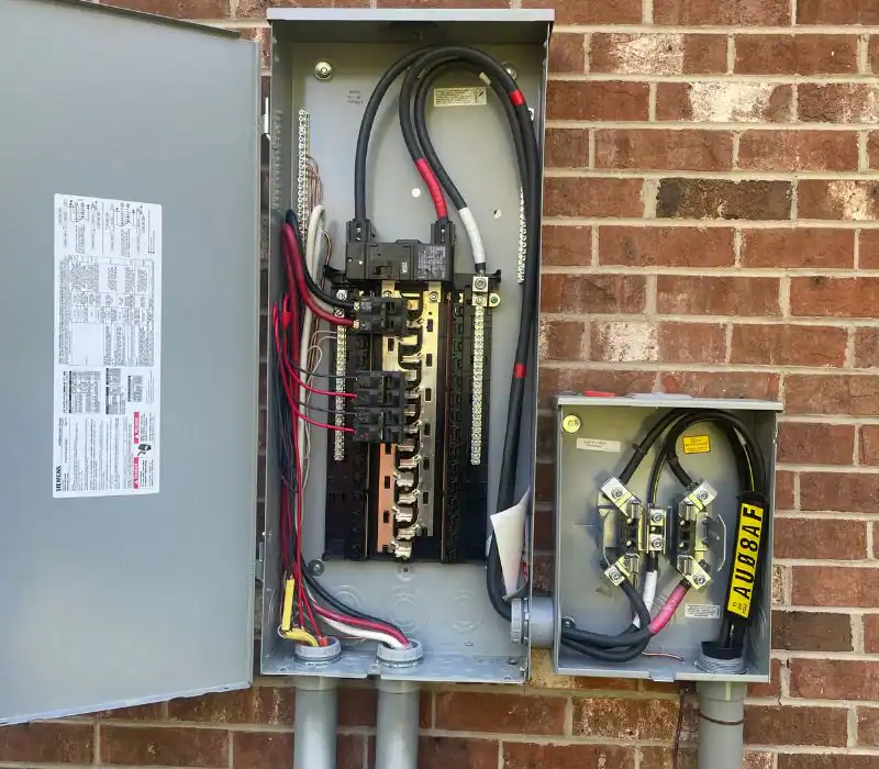 Two electrical breaker boxes mounted on a brick wall in Alamance County, NC. The larger box on the left has multiple breakers and an open door with a label. The smaller box on the right features switches labeled "ON" and "AVIBAF.