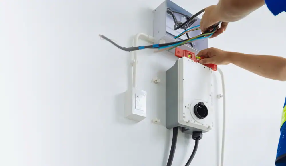 A technician from a pre-eminent electrical service company in Alamance County, NC, installs or repairs wiring and a wall-mounted electrical box, using a spirit level for alignment. The wall features a power outlet and visible conduit.