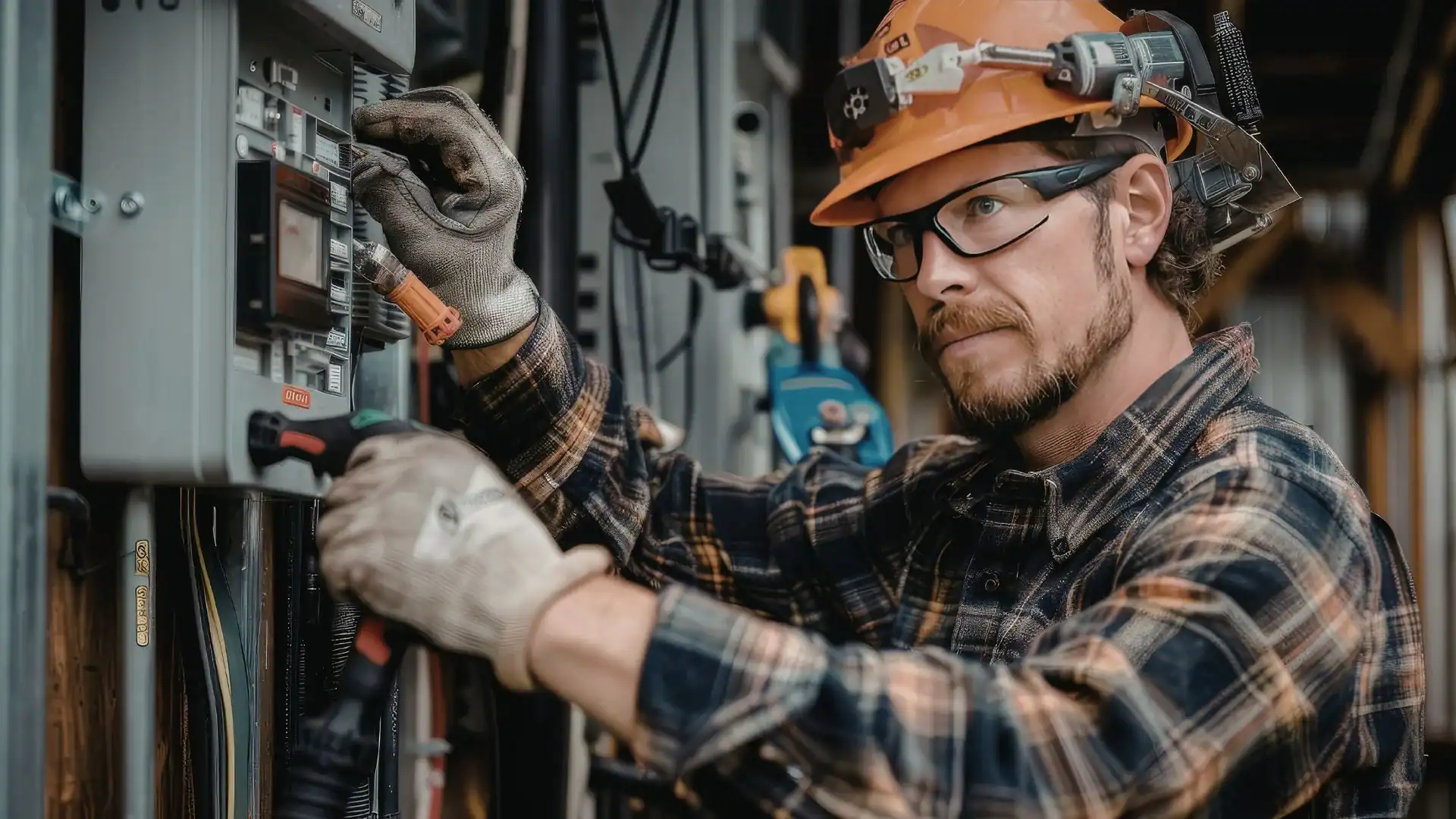 A man wearing safety glasses, a hard hat, gloves, and a plaid shirt is working on an electrical panel for a pre-eminent electrical service company in Alamance County, NC, adjusting wires with tools in an industrial setting.