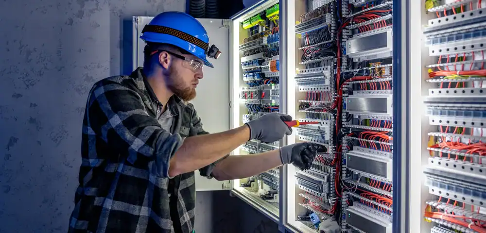An electrician from a pre-eminent electrical service company in Alamance County, NC, wearing a hard hat, safety glasses, gloves, and plaid shirt, uses a screwdriver to work on a large open electrical control panel filled with wires and components.