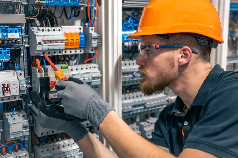 A man wearing an orange hard hat, safety glasses, and gloves uses a screwdriver to work on electrical panels&mdash;showcasing the expertise of a pre-eminent electrical service company in Alamance County, NC.