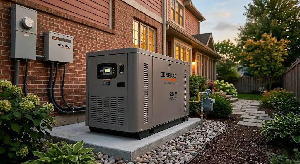 A large home standby generator is installed on a concrete pad beside a brick house in NC, surrounded by landscaping and a stone pathway—showcasing the work of Alamance County’s pre-eminent electrical service company.