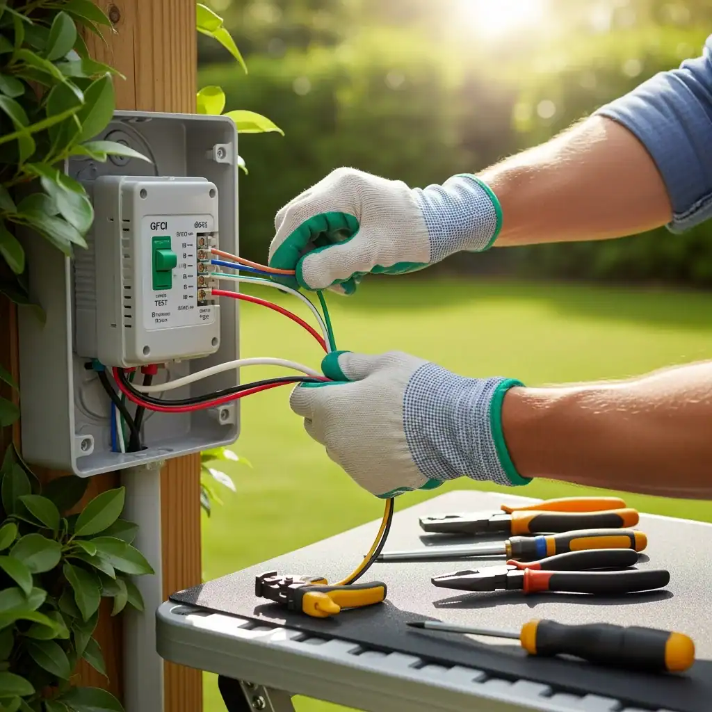 A technician from the pre-eminent electrical service company in Alamance County, NC, installs or repairs an outdoor electrical box, connecting colored wires. Hand tools rest on a nearby table with green foliage and sunlight in the background.