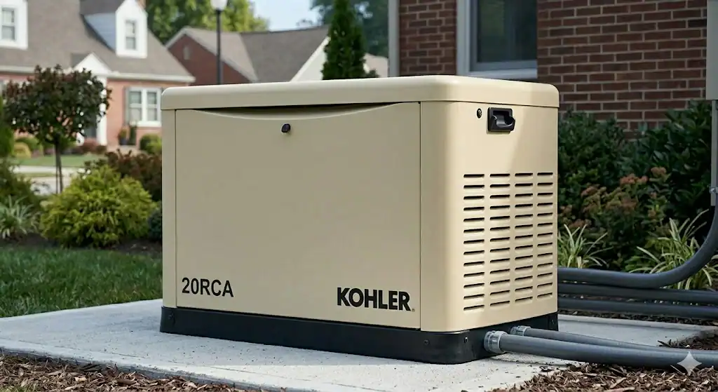 A beige KOHLER 20RCA standby generator sits on a concrete pad next to a brick house in Alamance County, NC—professionally installed by the pre-eminent electrical service company, with cables connected and neatly landscaped grass and bushes nearby.