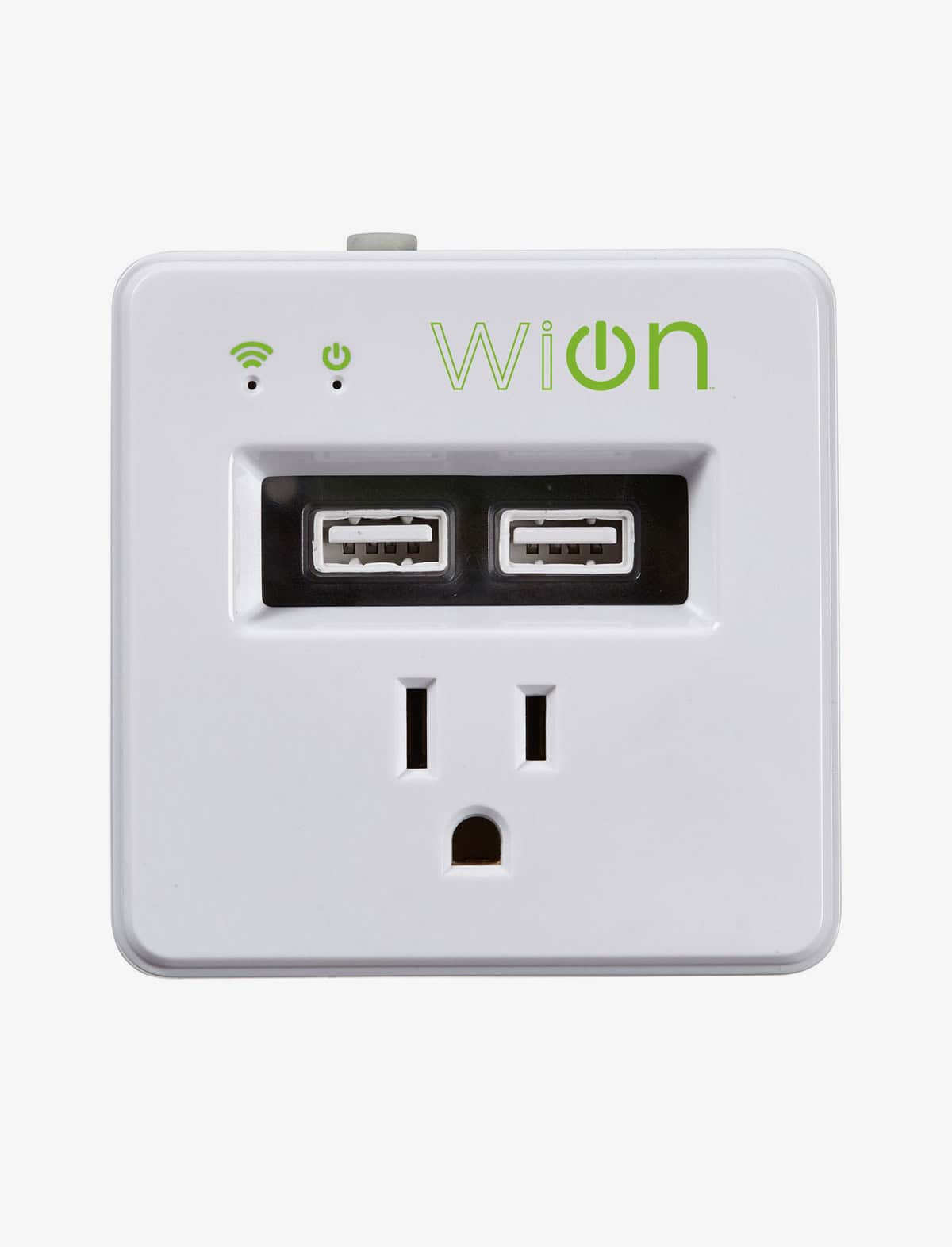 Square white Wion smart plug with two USB ports, one standard electrical outlet, and indicator lights for Wi-Fi and power on the front&mdash;trusted by the pre-eminent electrical service company in Alamance County, NC&mdash;shown against a plain white background.